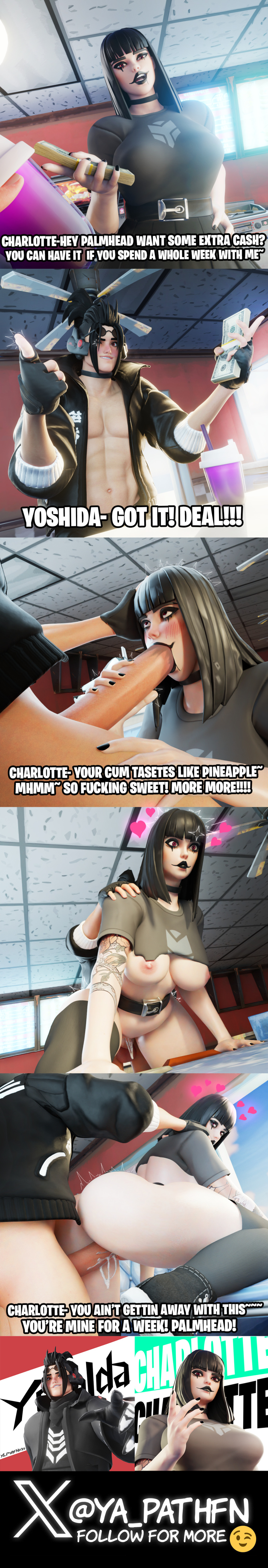 big_ass big_breasts big_butt big_cock big_penis cafe charlotte_(fortnite) comic cute_male fortnite goth goth_girl ponytail ponytail_male ya_path yoshida_(ya_path)