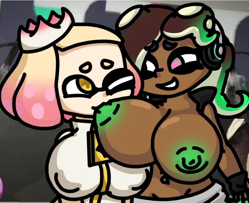 2girls alternate_breast_size background belly_button belly_piercing big_breasts blonde_hair breast_sucking breasts breasts_out breasts_out_of_clothes brown_hair chocolate_and_vanilla clothed clothing crown female female_only giant_breasts green_eyes green_hair green_nipples huge_breasts inkling inkling_girl legokoopa_(artist) looking_at_another marina_(splatoon) marina_ida massive_breasts multiple_girls nipple_suck nipples octarian octoling octoling_girl off_the_hook_(splatoon) open_topwear pearl_(splatoon) pearl_houzuki pink_hair pleasure_face pleasured self_upload short_hair shortstack smile smiling splatoon splatoon_(series) splatoon_2 splatoon_3 stomach sucking_nipples suction_cup tentacle tentacle_hair thick_thighs topwear yuri zipper zipper_down