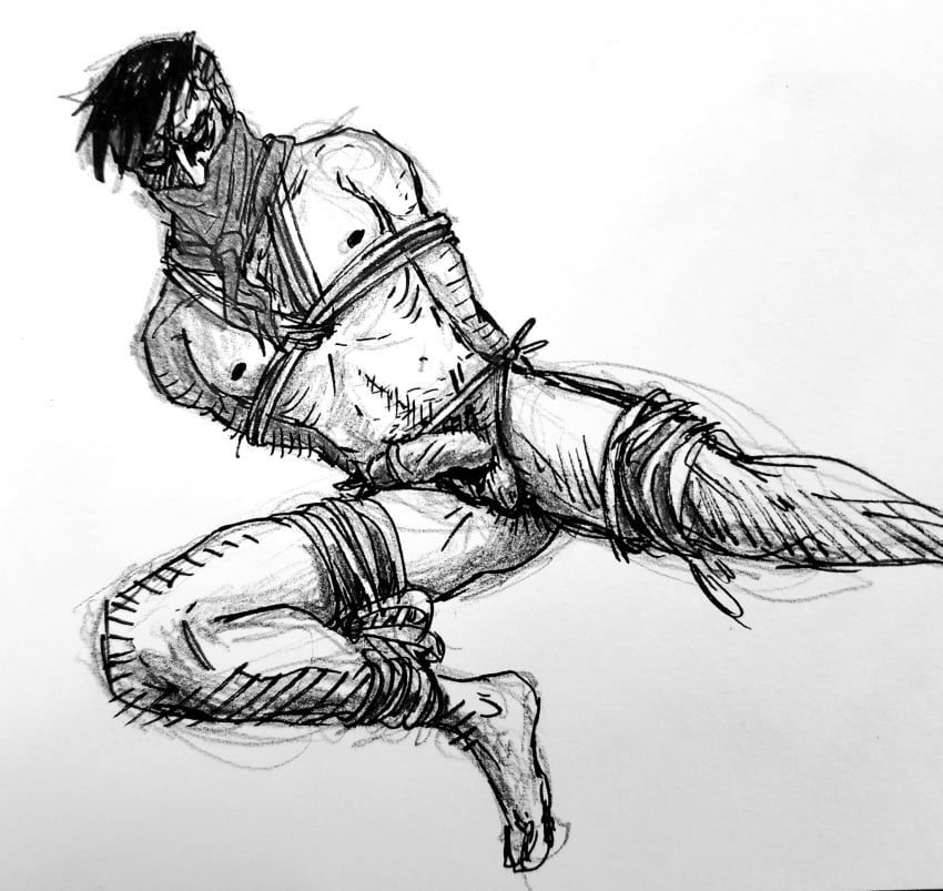 1boy 2024 bara barazoku black_and_white bondage buzz_cut covered_mouth darkest_dungeon gay handcuffs highwayman_(darkest_dungeon) lanky leg_hair legs_apart male male_only neckerchief neckerchief_only nipples obscured_eyes obscured_face older_male precum realistic_anatomy realistic_proportions rough_sketch scrotum struggling sweat sweatdrop tied tied_legs tied_up wrinkles yaoi