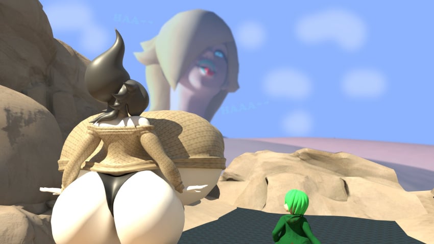 3d 3d_(artwork) ahe_gao back_view beige_sweater black_hair black_panties blender blonde_hair blue_eyes fuku_(squidly) ghost_girl giantess giantess_growth green_hair green_sweater huge_belly huge_breasts light_blue_lipstick mario_(series) mountain nintendo princess_rosalina shortstack spooki_(guacamolemuffler) spooki_(squidly) squidly super_mario_galaxy tongue_out white_skin