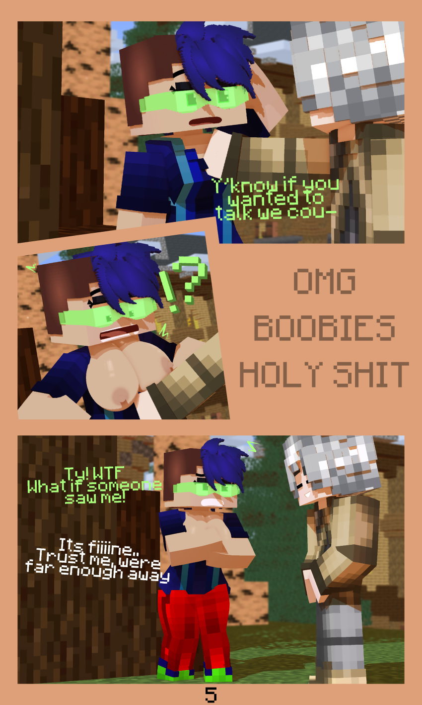 1girls 3d big_breasts blue_hair breasts breasts breasts_out comic female glasses mine-imator minecraft outside public public_nudity shirt shirt_lift shirt_pull straight tagme text tyiscrazy video_games