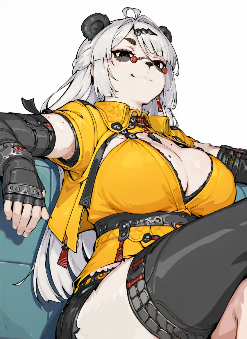 ai_assisted ai_generated anthro big_breasts big_thighs boob_window breast breasts chilling cleavage curvy eyelashes female fingerless_gloves fully_clothed furrification furrified furry glasses glasses_on_nose hoyoverse icomerrr legs_crossed long_hair looking_down mole mole_on_breast panda panda_ears panda_girl short_shorts shorts sitting sitting_on_bench sleeveless_jacket small_glasses smile stockings waist_band white_background white_fur white_hair yixuan_(zenless_zone_zero) zenless_zone_zero