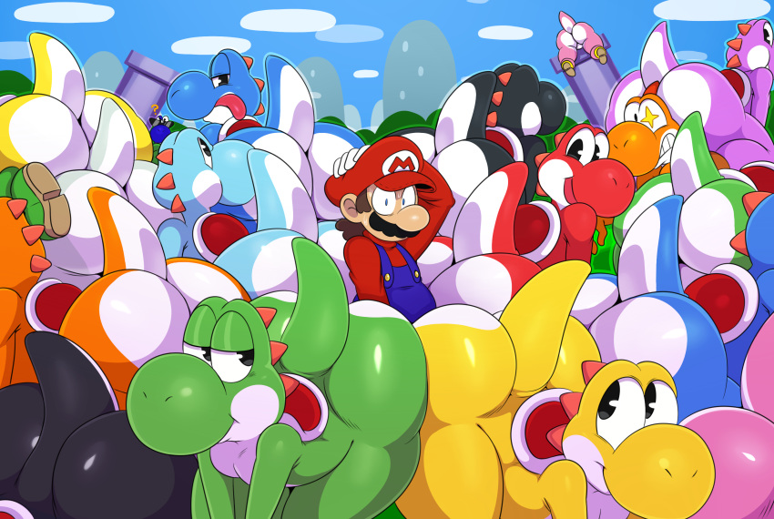 1boy 6+others ? ass bedroom_eyes big_ass big_butt black_yoshi blue_yoshi boshi cyan_yoshi femboy green_yoshi male male_only mario mario_(series) nintendo orange_yoshi outdoors pink_yoshi presenting red_yoshi sssonic2 standing stuck_in_pipe sunglasses super_mario_rpg surprised tail tongue tongue_out white_yoshi yellow_yoshi yoshi