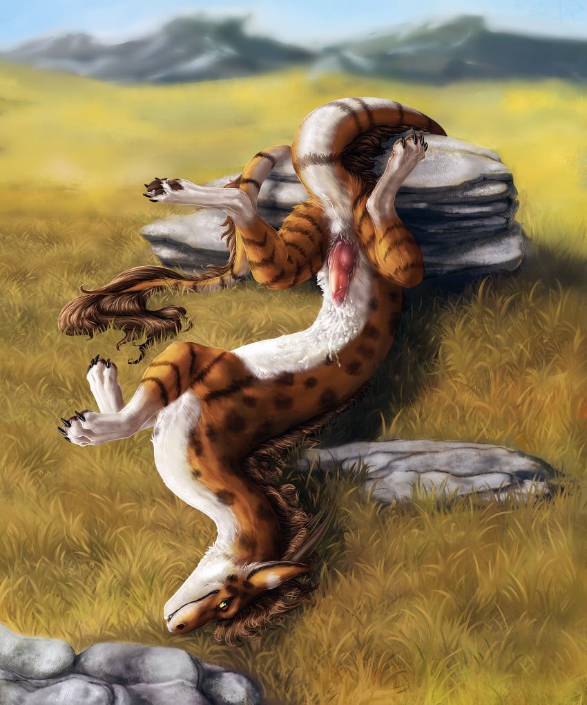 2018 brown_fur cheetahs_(artist) claws day digital_media_(artwork) dragon feral fur furred_dragon horn knot lying male male_only on_back outside paws penis smile solo white_fur