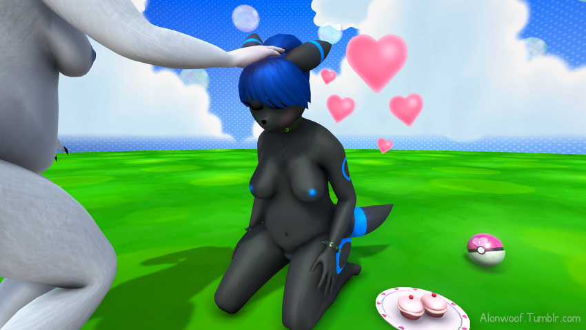 3d alon alonwoof anthro bare_sands black_fur blue_hair breasts canine casual_nudity collar eeveelution female food fur hair hi_res love_ball mammal nintendo nipples nola_(alonwoof) nude petting pokéball pokémon_(species) pokemon pokemon_amie pokepuff pubes pussy umbreon video_games wallpaper white_fur wolf