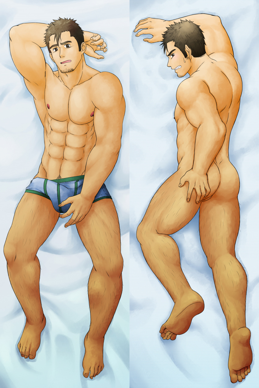 1boy ass bara barefoot body_hair boxer_briefs bulge crotch facial_hair feet full_body human kusatta_tamanegi lyin lying male male_focus male_only muscle nipples solo sweat toes