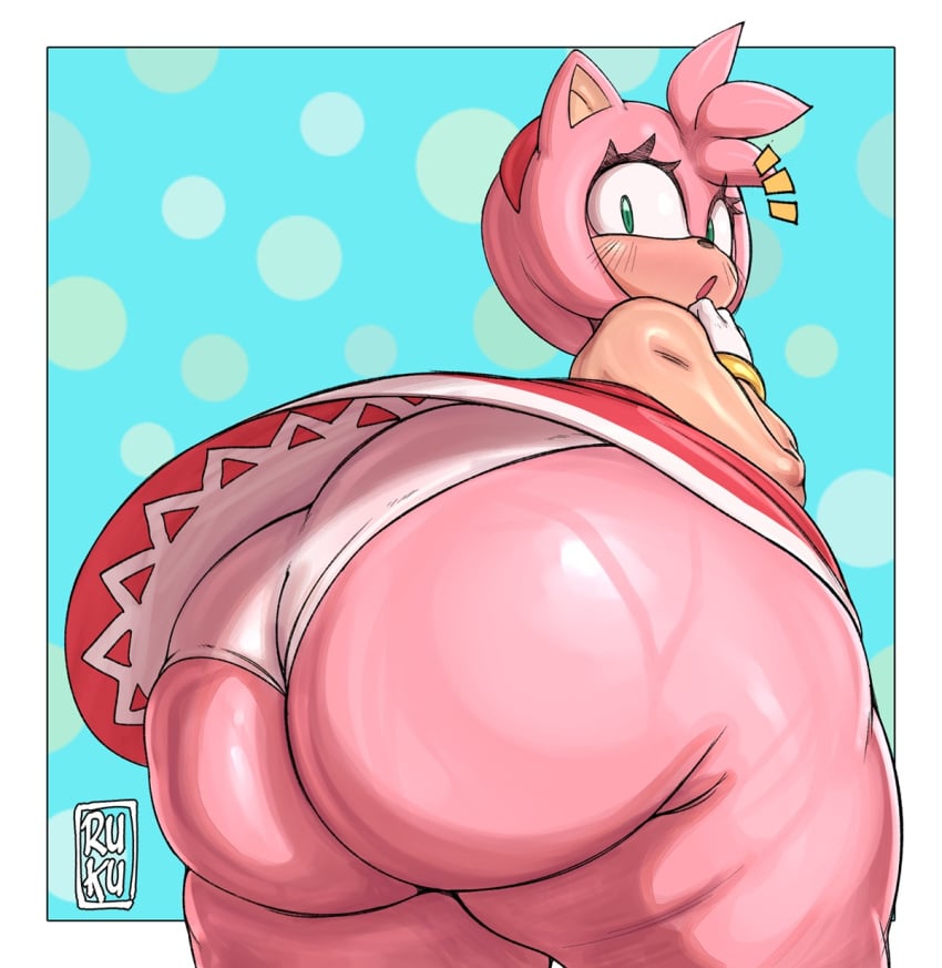 1girls amy_rose anthro ass ass_focus big_ass blush_lines bottom_heavy bracelet dress dumptruck_ass eyelashes female_only furry gloves green_eyes hedgehog highres large_ass looking_back_at_viewer panties pink_fur ruruduu sega sonic_(series) sonic_the_hedgehog_(series) surprised thick_thighs thighs