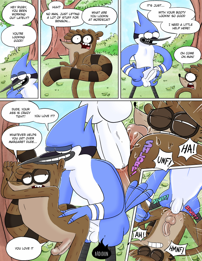 absurd_res anal anal_sex ardidon ass avian balls big_butt bird black_feathers black_fur blue_feathers blue_jay brown_fur cartoon_network comic corvid cum cum_in_ass cum_inside dialogue english_text eye_contact feathers fur grass half-closed_eyes hi_res looking_back male male_only mammal mordecai multicolored_feathers multicolored_fur one_eye_closed outside park penetration penis plant precum procyonid raccoon regular_show rigby shrub smile smooth_skin tan_fur text tree two_tone_feathers two_tone_fur white_feathers yaoi