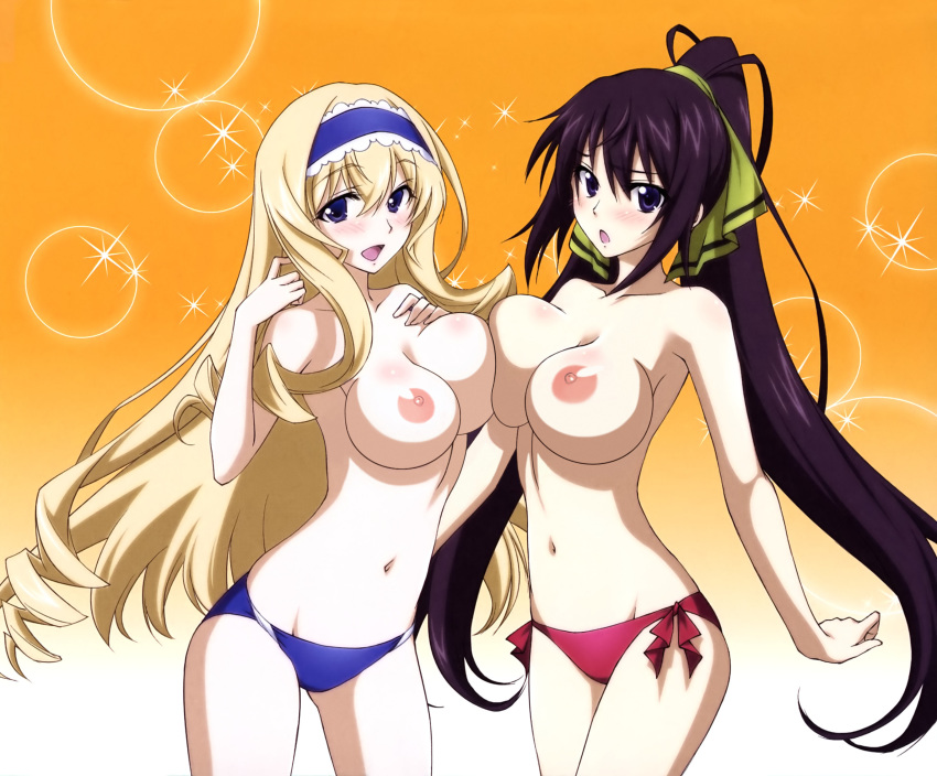 10s 2girls absurdres bikini black_hair blonde_hair blue_eyes blush breast_press breasts cecilia_alcott cleavage female highres infinite_stratos large_breasts long_hair looking_at_viewer multiple_girls navel official_art open_mouth photoshop shinonono_houki smile standing swimsuit symmetrical_docking topless yuuki_homura