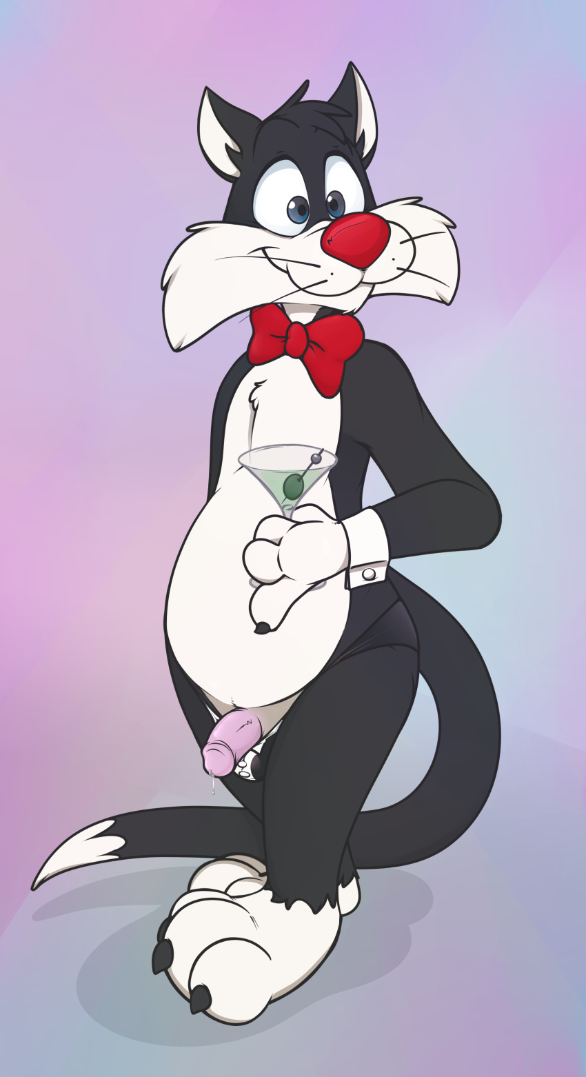 alcohol beverage bow_tie clothing cocktail feline gradient_background looney_tunes male_only mammal neenya penis simple_background sirneenya smooth_fur sylvester thong warner_brothers