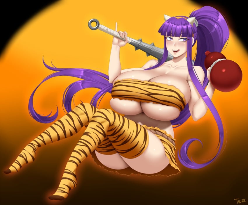 ass cleavage eiken gigantic_breasts halloween halloween_costume huge_ass huge_breasts kanabou kirika_misono licking_lips long_hair miniskirt oni oni_horns ponytail purple_eyes purple_hair sake_bottle tiger_print tongue_out tubetop twrlare underboob very_long_hair