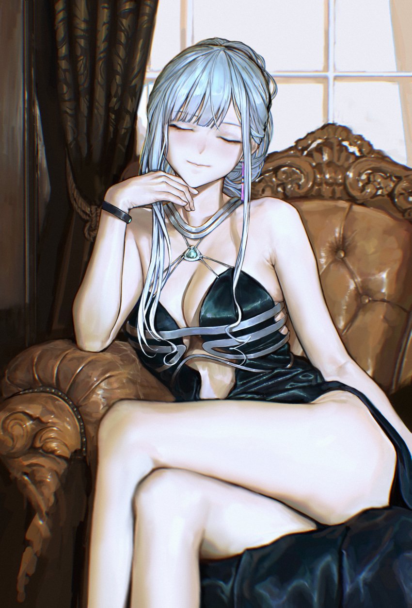 1girls absurdres ak-12_(girls'_frontline) bare_arms bare_legs bare_shoulders black_dress blush bracelet breasts chair cleavage closed_eyes crossed_legs dress female female_only gem girls'_frontline halterneck highres iuui jewelry large_breasts legs long_hair revealing_clothes silver_hair sitting solo thighs westking