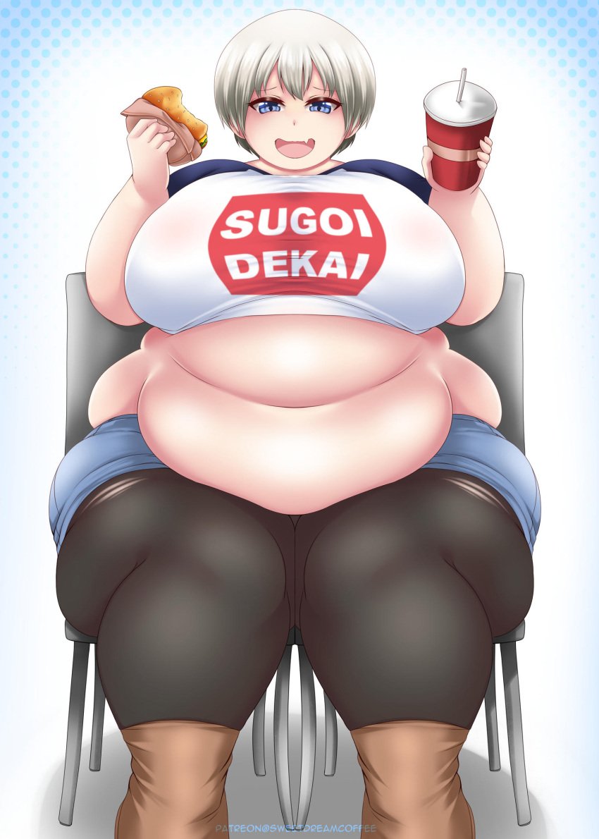 belly_overhang burger chubby_female eating_food fat_thighs gigantic_breasts obese soda_bottle sweetdreamcoffe uzaki-chan_wa_asobitai! uzaki_hana white_hair