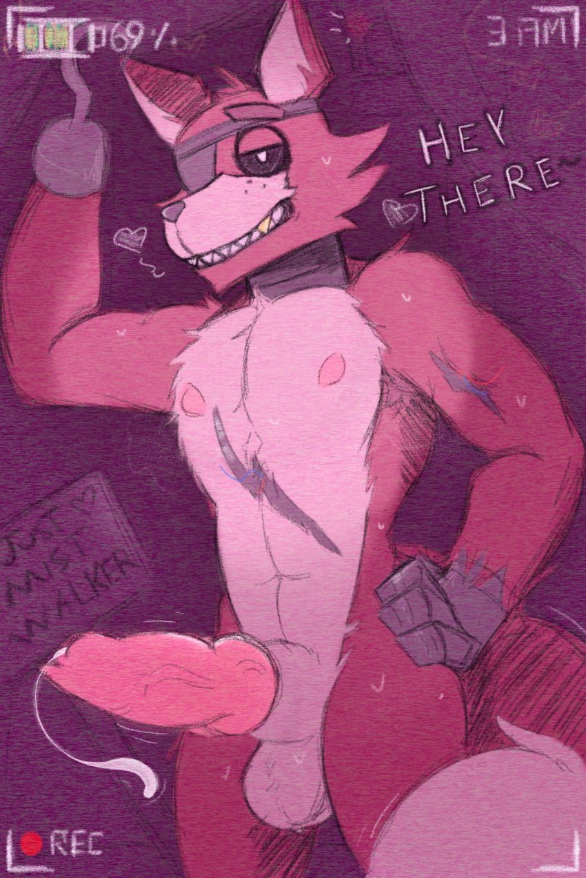 1boy anthro balls camera_view canid canine canine_genitalia canine_penis dialogue english_text eyepatch five_nights_at_freddy's fox foxy_(fnaf) gay gold_tooth hand_on_hip hook_hand knotted_penis leaking_cum male_only nipples nude_male red_fur the_mist_walker