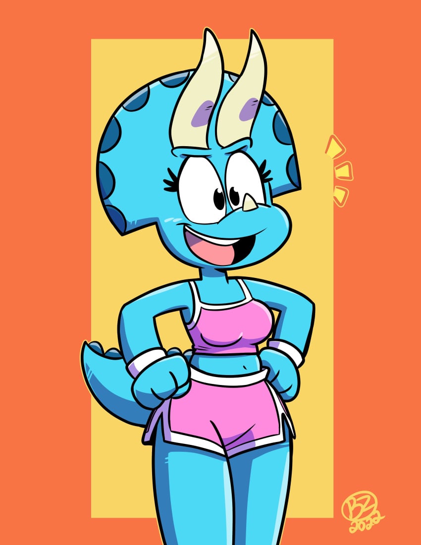 2022 arms_on_waist blue_body blue_skin blue_tail dinosaur dinosaur_girl horned_female jurassiczalar pink_shorts pink_sports_bra scalie sports_bikini sports_bra sports_shorts sportswear tagme triceratops trixie_triceratops