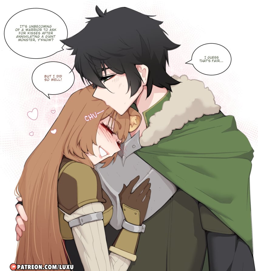 1boy 1girls black_hair blush brown_hair dialogue english_text female hi_res long_hair luxurias male naofumi_iwatani narrowed_eyes raphtalia smile speech_bubble tate_no_yuusha_no_nariagari the_rising_of_the_shield_hero white_background wholesome