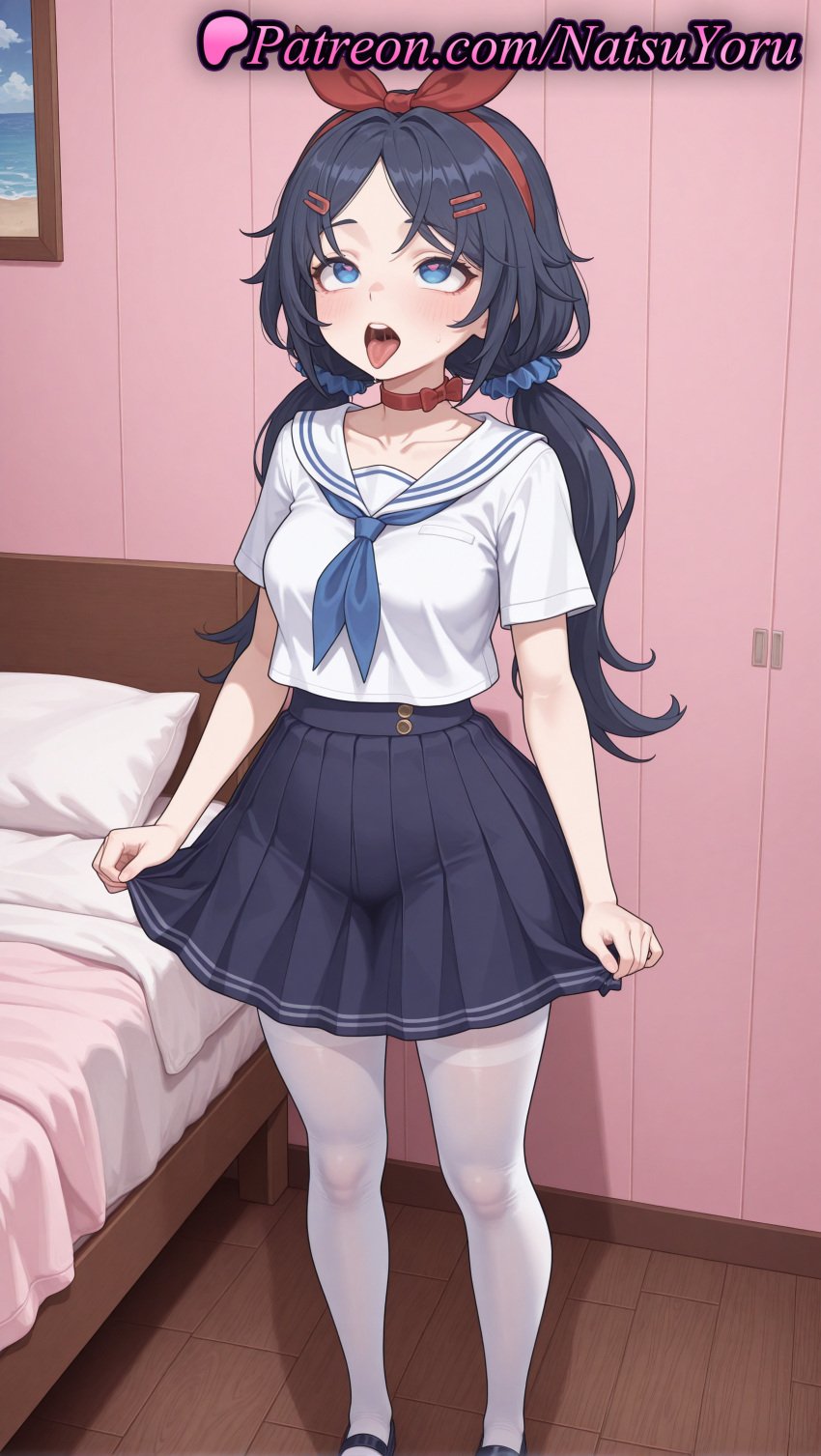 1girls ahe_gao ai_generated anime_style bangs bed bedroom black_footwear black_hair black_skirt blue_eyes blue_neckerchief blush breasts bust busty choker collar collarbone crazy_mita_(miside) female female_focus female_only full_body hair_ornament hair_ribbon hair_scrunchie hairband hairbow hairclip heart heart-shaped_pupils hentai hi_res high_quality high_resolution highres indoors legwear long_hair looking_at_viewer low_twintails makeup mary_janes medium_breasts miside mita_(miside) natsuyoru neckerchief on_bed open_mouth pantyhose parted_bangs patreon pillow pleated_skirt red_choker red_hairband ribbon rolling_eyes sailor_collar sailor_uniform saliva school_uniform scrunchie serafuku shirt shoes short_sleeves skirt skirt_hold skirt_lift solo solo_female standing symbol-shaped_pupils teeth tongue tongue_out twintails upper_teeth_only voluptuous voluptuous_female white_pantyhose white_sailor_collar white_shirt