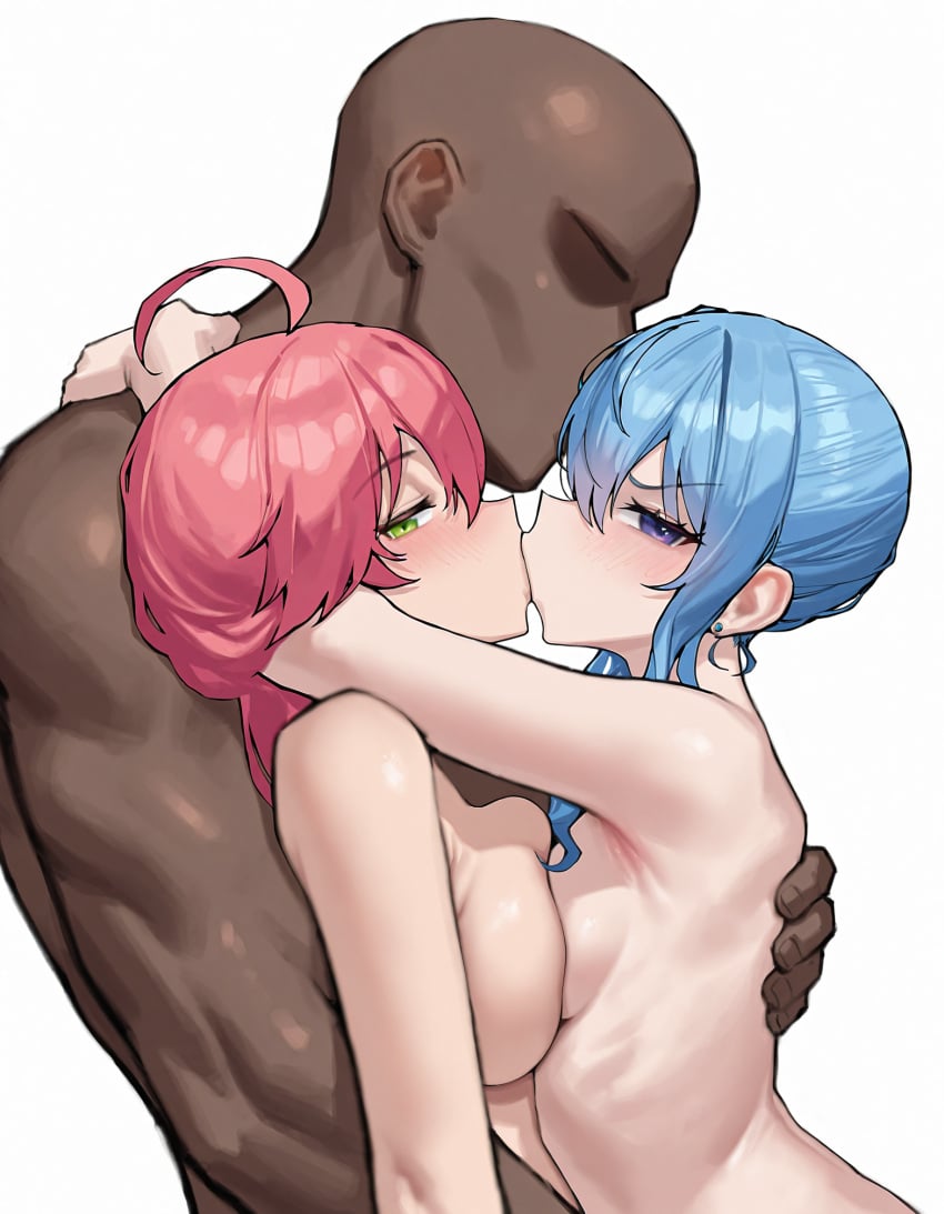 1boy 2girls 2girls1boy ahoge ai_generated annoyed armpits blue_eyes blue_hair blush breast_squish dark-skinned_male faceless_male flat_chest from_side green_eyes hololive hololive_japan hoshimachi_suisei hug interracial kissing large_breasts looking_at_viewer muscular_male narrowed_eyes nude pafu_(pafuunchained) pink_hair sakura_miko sandwiched sideways_glance size_difference straight virtual_youtuber