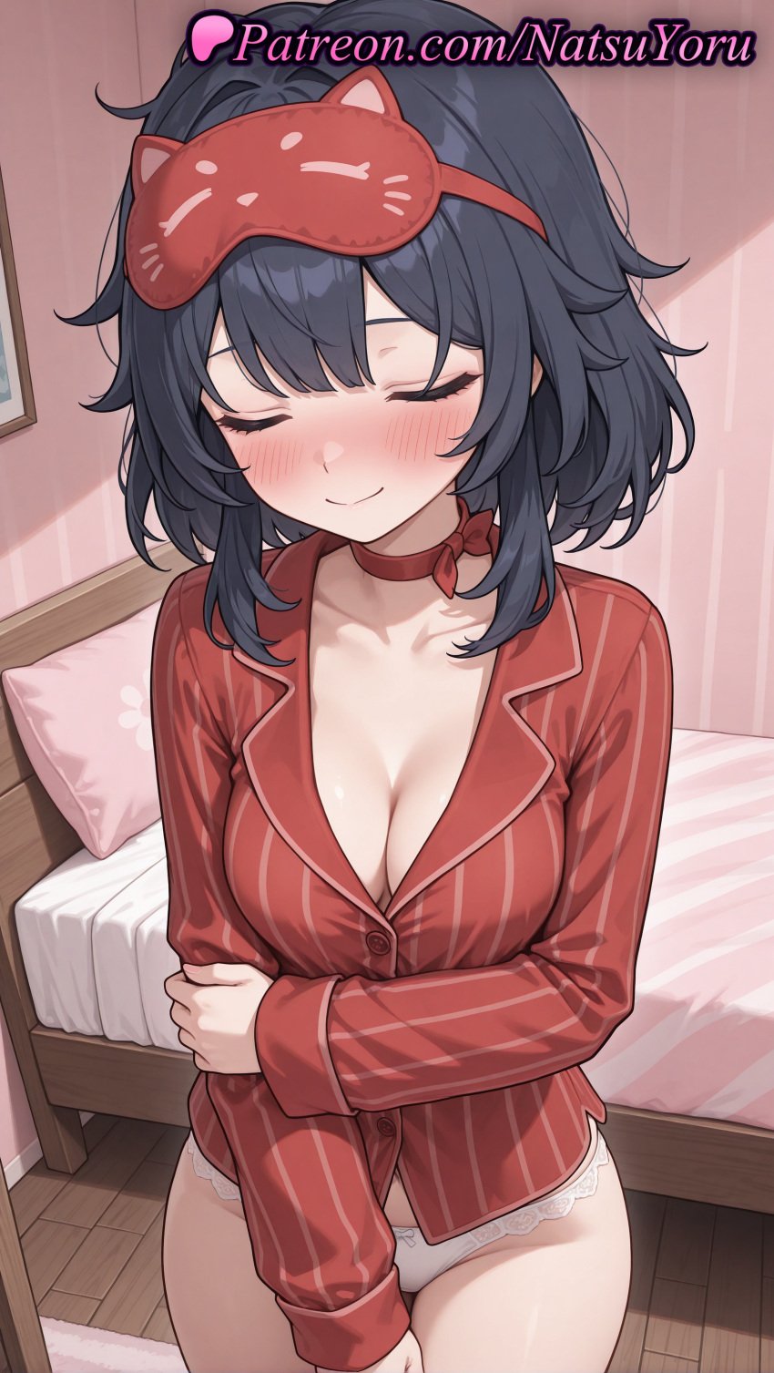 1girls ai_generated anime_style asian bangs bed bedroom black_hair blue_hair blush breasts bust busty choker cleavage closed_eyes closed_mouth clothing collarbone cowboy_shot facing_viewer female female_focus female_only hand_on_own_arm hi_res high_quality high_resolution highres holding_own_arm indoors large_breasts long_sleeves mask mask_on_head medium_breasts medium_hair miside mita_(miside) natsuyoru no_pants on_bed pajamas panties pantsu patreon pillow red_choker red_shirt shirt short_hair sleep_mask sleepy_mita_(miside) smile solo solo_female standing striped striped_clothes striped_shirt thighs underwear vertical-striped_shirt vertical_stripes voluptuous voluptuous_female white_panties wooden_floor