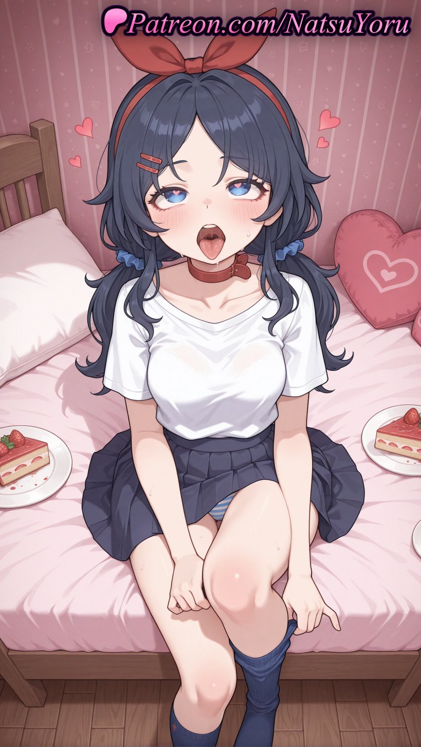 1girls ahe_gao ai_generated anime anime_style bangs bed black_hair black_skirt black_socks blue_eyes blue_hair blue_panties blue_socks blush bow bow_hairband bra breasts bust busty cake cake_slice choker collar collarbone crazy_mita_(miside) female female_focus female_only female_solo food hair_ornament hair_scrunchie hairband hairbow hairclip heart heart-shaped_pillow heart-shaped_pupils heart_pillow hentai hi_res high_quality high_resolution highres indoors kneehighs kneesocks long_hair looking_at_viewer looking_up low_twintails medium_breasts miniskirt miside mita_(miside) natsuyoru no_shoes on_bed open_mouth panties pantsu pantyshot parted_bangs patreon pillow plate pleated_skirt red_choker red_hairband red_ribbon ribbon scrunchie shirt short_sleeves sitting skirt socks solo solo_female strawberry_shortcake striped striped_clothes striped_panties sweat symbol-shaped_pupils teeth thighs tongue tongue_out twintails underwear voluptuous voluptuous_female white_shirt