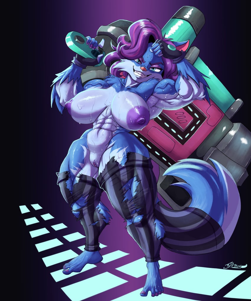 5_fingers 5_toes abs absurd_res anthro areola biceps big_breasts blue_body blue_fur bodily_fluids breasts canid canine clitoral_hood clitoris clothing digital_media_(artwork) eyeshadow feet female fingerless_gloves fingers fox fur g4rron genitals gloves hair half-closed_eyes handwear hi-rez_studios hi_res holding_object holding_weapon humanoid_feet legwear looking_at_viewer makeup mammal muscular muscular_anthro muscular_female narrowed_eyes nipples nude paladins_(game) pepper_(paladins) plantigrade purple_hair simple_background smile solo standing stockings sweat sweatdrop sweaty_body tail teeth thick_thighs toes torn_clothing torn_legwear torn_stockings vulva weapon