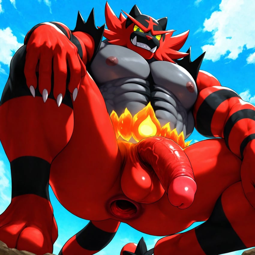 1boy abs ai_generated anal_gape anthro anus balls bara barazoku big_nipples big_pecs big_penis felid feline gape gaping gaping_anus green_pupils grin hands_on_knees incineroar looking_at_viewer low-angle_view male muscle muscles muscular muscular_anthro muscular_male nintendo nipples nude pecs penis pokemon pokemon_(species) sharp_teeth solo squatting stable_diffusion veiny_penis worm's-eye_view yellow_sclera