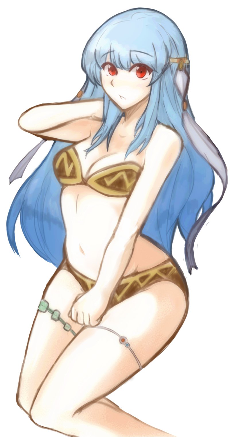 bare_arms bare_legs bare_midriff bare_shoulders bikini blue_hair breasts female fire_emblem fire_emblem:_the_blazing_blade headdress legs midriff ninian_(fire_emblem) red_eyes solo thighs transparent_background tridisart underwear