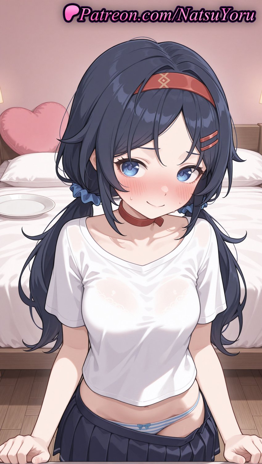 1girls ai_generated anime_style bangs bed bedroom black_hair black_skirt blue_eyes blue_hair blue_panties blue_scrunchie blush bow bow_panties bra breasts bust busty choker closed_mouth clothes_pull collarbone cowboy_shot crazy_mita_(miside) female female_focus female_only hair_ornament hair_scrunchie hairband hairclip heart heart-shaped_pillow heart_pillow hentai hi_res high_quality high_resolution highres indoors long_hair looking_at_viewer low_twintails medium_breasts miniskirt miside mita_(miside) natsuyoru navel panties pantsu parted_bangs patreon pillow plate pleated_skirt red_choker red_hairband scrunchie see-through see-through_shirt shirt short_sleeves skirt skirt_pull smile solo solo_female striped striped_clothes striped_panties tied_hair tshirt twintails underwear voluptuous voluptuous_female white_shirt