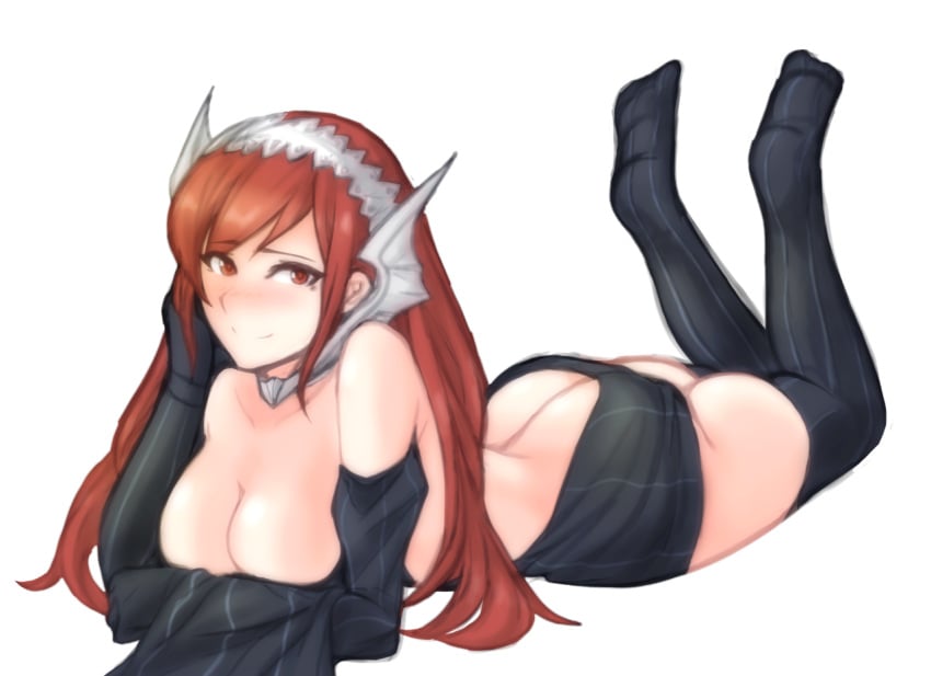 ass bare_back bare_shoulders blush breast_squish breasts cherche_(fire_emblem) cleavage covering covering_breasts fire_emblem fire_emblem_awakening head_on_hand headband headdress laying legs_up long_hair looking_at_viewer lying lying_on_belly red_eyes red_hair smile thighhighs thighs transparent_background tridisart virgin_killer_sweater