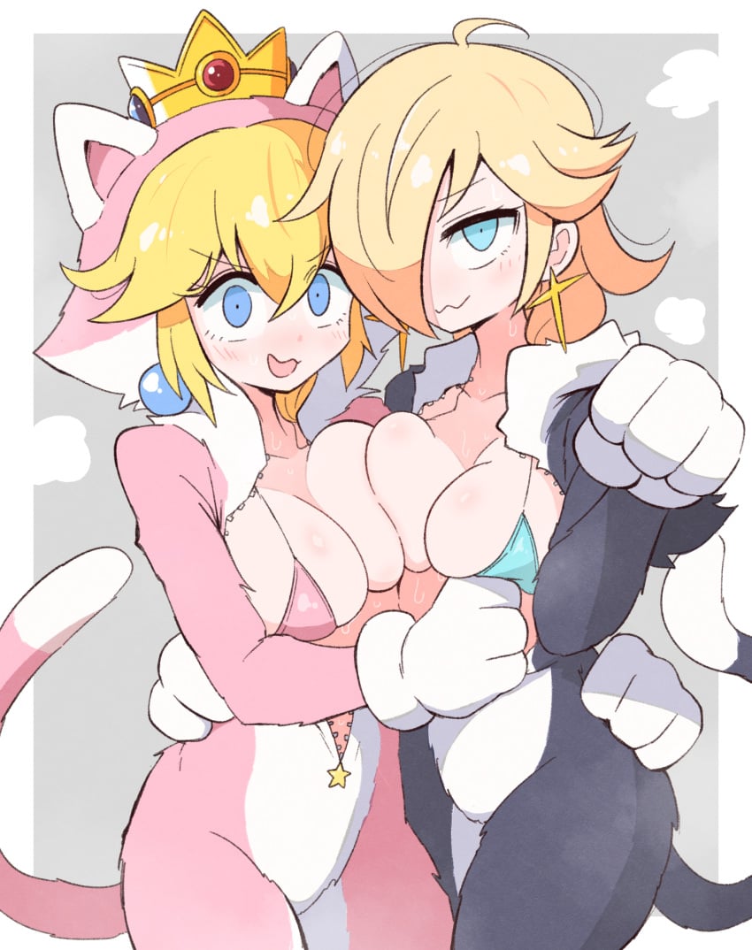 2d 2girls blonde_hair blue_earrings blue_eyes blushing cat_ears cat_tail catgirl catsuit earrings female gray_catsuit kurachi_mizuki mario_(series) nintendo pink_catsuit princess_peach princess_rosalina simple_background super_mario_bros. tagme yellow_earrings