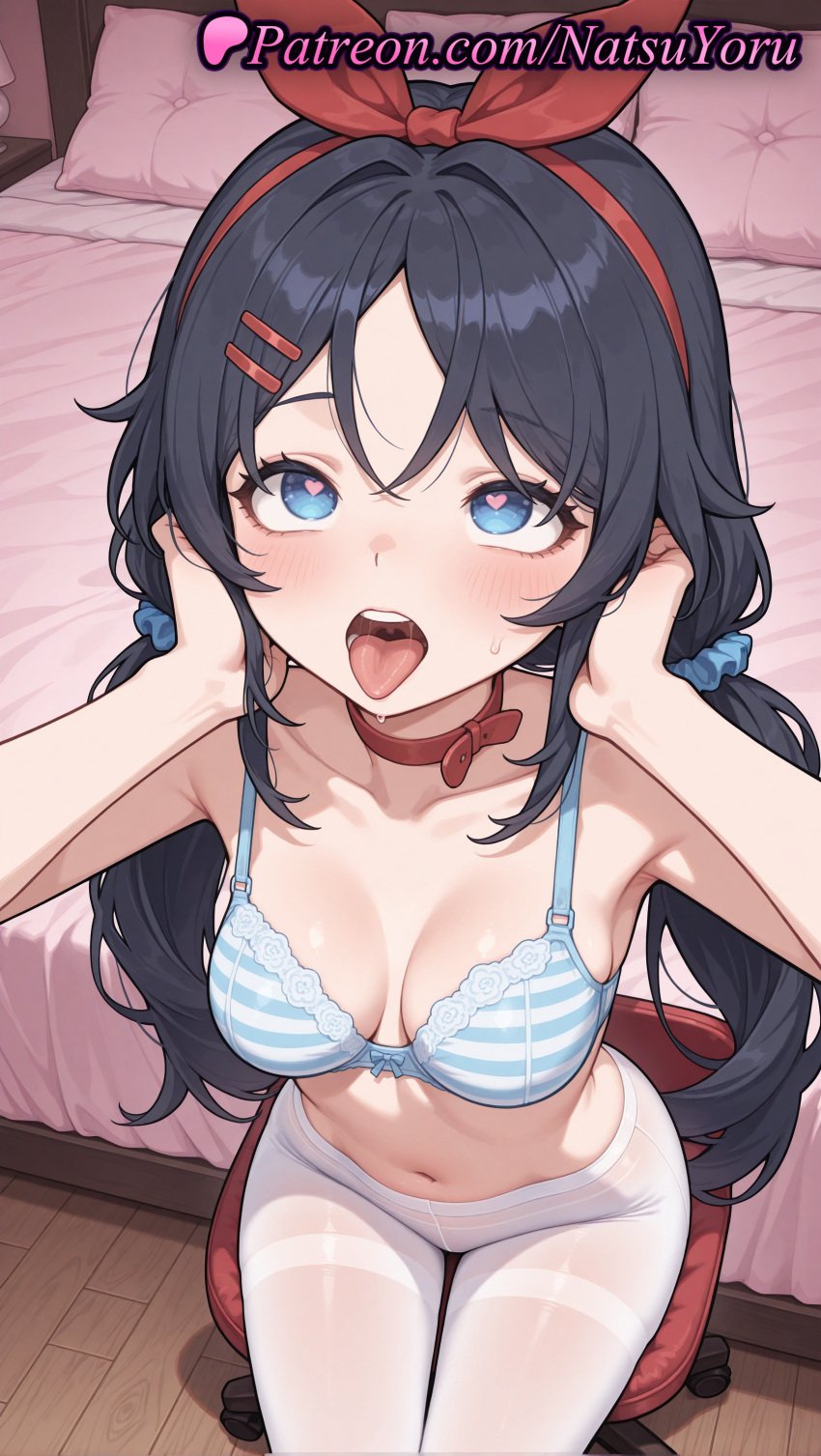 1girls ahe_gao ai_generated anime_style armpit armpits asian bangs bare_shoulders bed black_hair blue_bra blue_eyes blush bow bra breasts bust busty chair choker cleavage collarbone crazy_mita_(miside) female female_focus female_only female_solo from_above hair_ornament hair_ribbon hairband hairbow hairclip hands_up heart heart-shaped_pupils hentai hi_res high_quality high_resolution highres indoors long_hair looking_at_viewer looking_up low_twintails medium_breasts miside mita_(miside) natsuyoru navel on_bed open_mouth oral_invitation pantyhose parted_bangs patreon pillow red_bow red_choker red_hairband red_ribbon ribbon scrunchie sitting solo solo_female stomach striped striped_bra striped_clothes symbol-shaped_pupils teeth thighband_pantyhose tongue tongue_out twintails underwear upper_teeth_only voluptuous voluptuous_female white_pantyhose