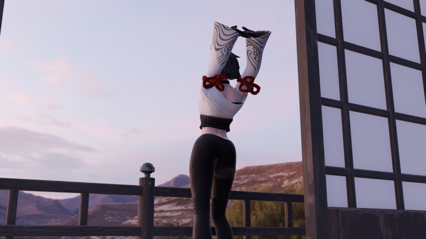 ass balcony black_hair female female_only fortnite fortnite:_battle_royale leggings night_rose perete short_hair stretching stretching_arms