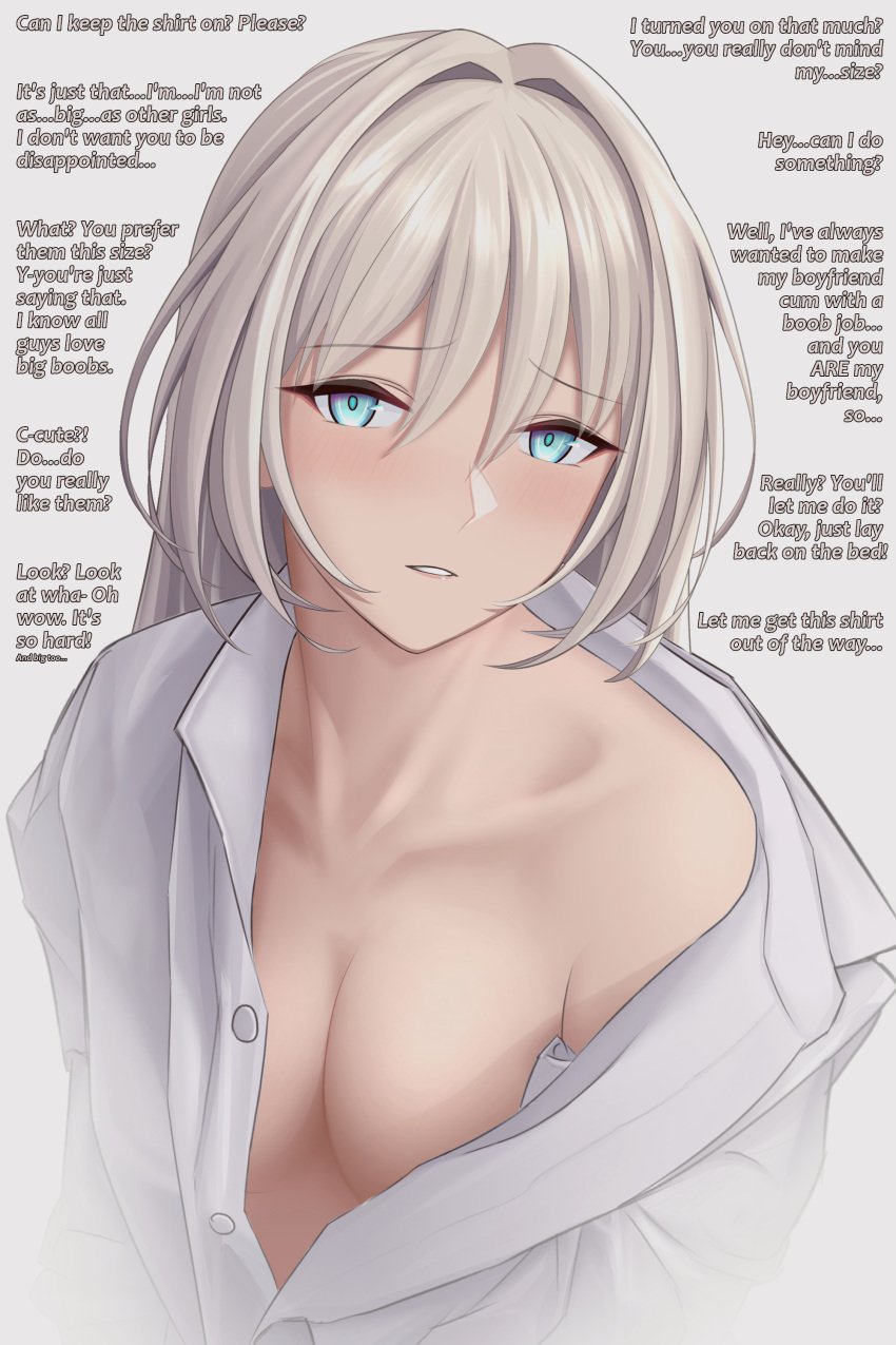 alternate_costume an-94_(girls'_frontline) aqua_eyes blonde_hair blue_eyes blush breasts caption cleavage collarbone constantine-xii defy_(girls'_frontline) english_text female fireywater(captioner) flustered girls'_frontline hair_between_eyes imminent_paizuri long_hair looking_at_viewer open_clothes open_mouth open_shirt parted_lips reassuring shirt small_breasts solo talking_to_viewer upper_body white_background white_shirt wholesome