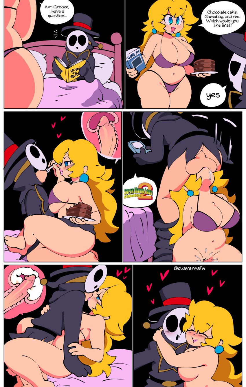 1boy 1girls anti_groove balls bed bedroom big_balls big_breasts bikini blanket blonde_female blonde_hair blue_eyes blush breasts cake cervix comic cum cum_in_pussy cum_inside deep_penetration deepthroat dialogue drool earrings feeding gameboy heart hug kissing leg_lock lipstick mario_(series) mask partially_clothed penetration pillow princess_peach purple_bikini quavernsfw reading sex shy_guy thick_thighs thighs throat_fuck top_hat vagina vaginal_penetration video_games wet wet_pussy x-ray