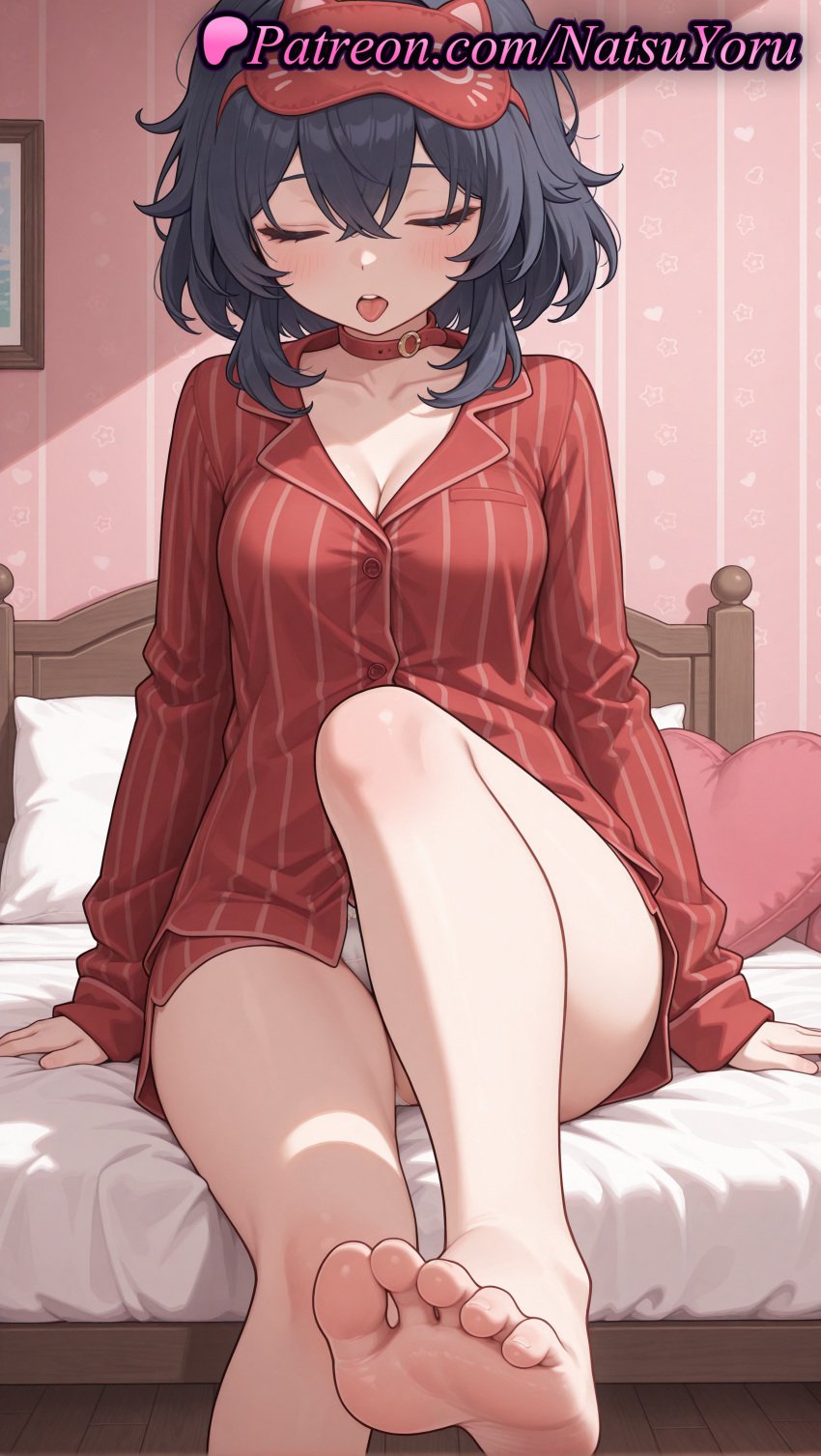 1girls ai_generated anime_style asian bangs bare_legs barefoot bed bedroom black_hair blue_hair blush breasts bust busty choker cleavage closed_eyes collar collarbone collared_shirt crossed_bangs facing_viewer feet female female_focus female_only fetish foot_fetish foot_focus foot_out_of_frame foreshortening hair_between_eyes heart heart-shaped_pillow hi_res high_quality high_resolution highres indoors knee_up large_breasts legs long_sleeves mask mask_on_head medium_breasts medium_hair miside mita_(miside) natsuyoru no_pants oerba_yun_fang on_bed open_mouth pajamas pale_skin panties pantsu pantyshot patreon pillow pov_feet presenting_foot red_choker red_collar red_shirt shirt short_hair sitting skin_fang sleep_mask sleepy_mita_(miside) sleeves_past_wrists soles solo solo_female striped striped_clothes striped_shirt thighs toenail_polish toenails toes tongue tongue_out underwear vertical-striped_shirt vertical_stripes voluptuous voluptuous_female white_panties wooden_floor