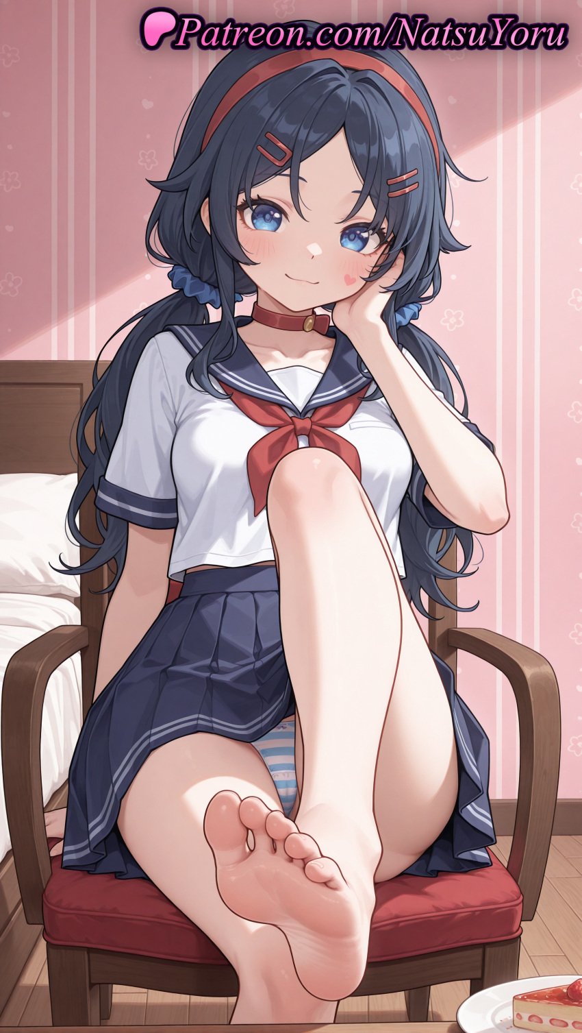 1girls ai_generated anime anime_style bangs bare_legs barefoot bed bikini_bottom black_hair blouse blue_eyes blue_hair blue_panties blue_sailor_collar blue_skirt blush breasts bust busty cake cake_slice chair choker closed_mouth collar collarbone crazy_mita_(miside) crop_top facial_mark feet female_focus female_only food foot_fetish foot_focus foot_out_of_frame hair_ornament hair_scrunchie hairband hairclip hand_on_own_cheek hand_on_own_face heart hentai hi_res high_quality high_resolution highres indoors knee_up leg_up legs lipstick long_hair looking_at_viewer low_twintails medium_breasts miside mita_(miside) natsuyoru neckerchief on_chair pale_skin panties pantsu pantyshot parted_bangs patreon pillow plate pleated_skirt pov_feet presenting_foot red_hairband red_neckerchief sailor_collar sailor_uniform school_uniform scrunchie serafuku shirt short_sleeves sitting skirt smile soles solo solo_female striped striped_clothes striped_panties thighs toes twintails underwear voluptuous voluptuous_female white_shirt wooden_floor