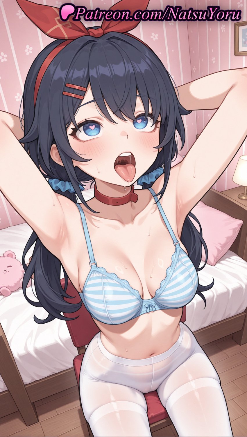 1girls ahe_gao ai_generated anime_style armpit armpits arms_behind_head arms_up bangs bare_shoulders bed bedroom black_hair blue_bra blue_eyes blue_scrunchie blush bow bra breasts bust busty chair choker cleavage clothing collar collarbone crazy_mita_(miside) female female_focus female_only female_solo hair_ornament hair_ribbon hair_scrunchie hairband hairbow hairclip heart heart-shaped_pupils hentai hi_res high-waist_pantyhose high_quality high_resolution highres indoors lamp long_hair looking_at_viewer looking_up low_twintails medium_breasts miside mita_(miside) natsuyoru navel on_bed on_chair open_mouth oral_invitation pantyhose patreon pillow red_choker red_collar red_hairband ribbon saliva scrunchie sitting solo solo_female stomach striped striped_bra striped_clothes stuffed_animal stuffed_toy sweat symbol-shaped_pupils teddy_bear teeth thighband_pantyhose tongue tongue_out twintails underwear upper_teeth_only voluptuous voluptuous_female white_pantyhose