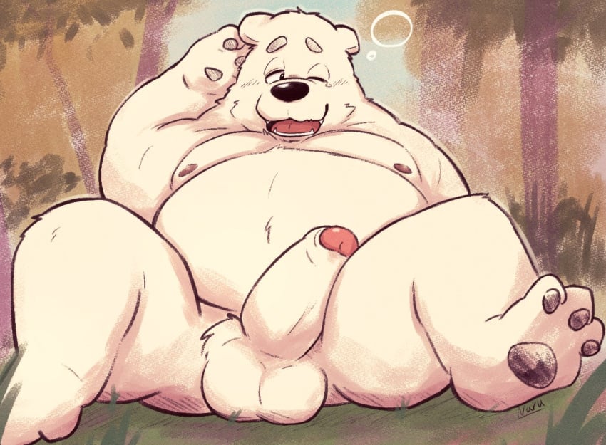 2025 3_toes anthro balls bear belly erection feet genitals kemono male mammal moobs naru_papi nipples one_eye_closed overweight overweight_male penis polar_bear sitting solo toes ursine