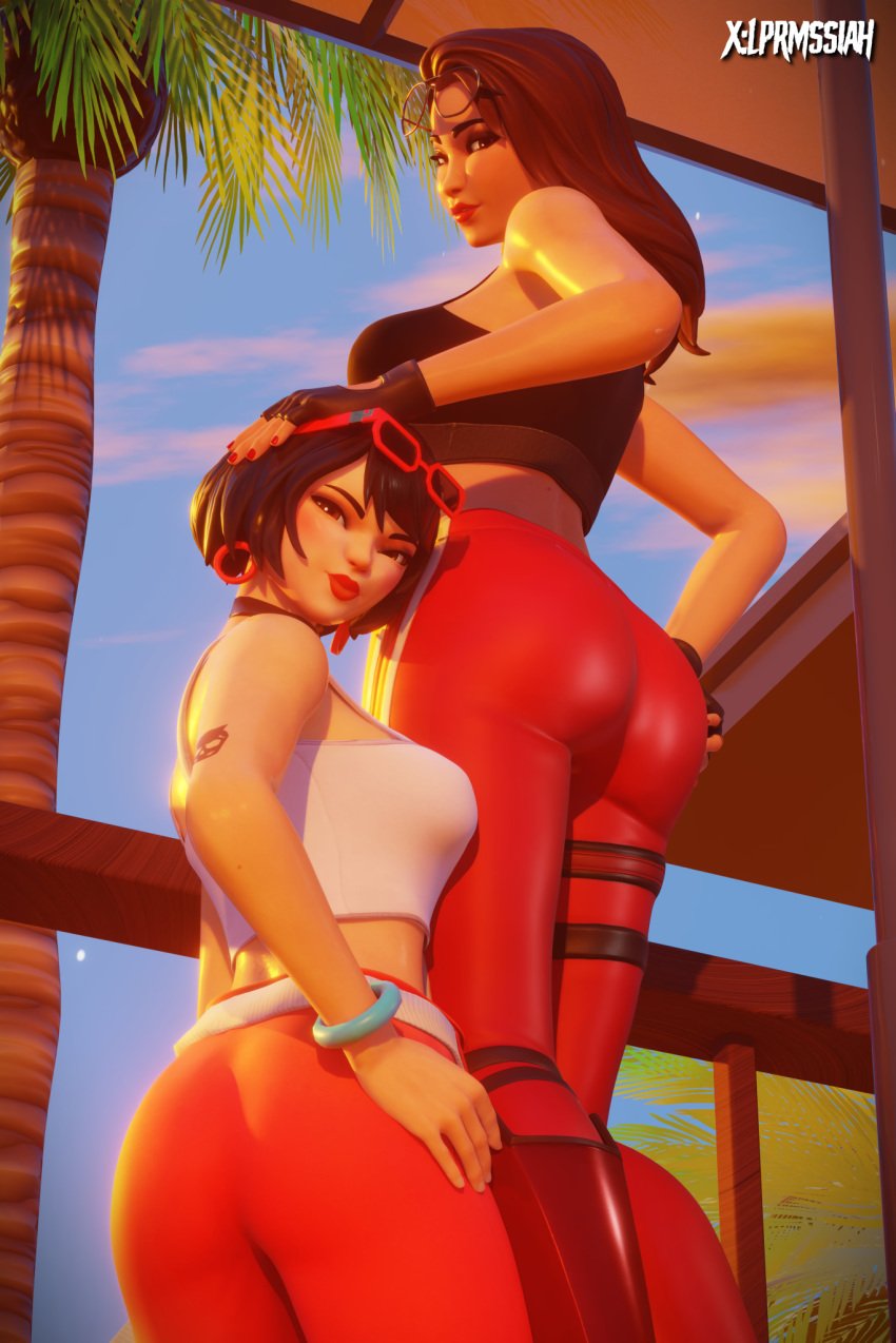 2girls 3d ass ass_focus black_hair blush boardwalk_ruby_(fortnite) bracelet bracelets brown_hair choker clothed_female earrings evie_(fortnite) eyewear_on_head female female_only fingerless_gloves fortnite fortnite:_battle_royale fully_clothed light-skinned_female light_skin lipstick long_hair looking_at_viewer red_lipstick ruby_(fortnite) short_hair tagme tagme_(artist) tattoo