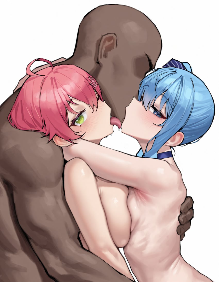 1boy 2girls 2girls1boy ahoge ai_generated armpit_crease armpits blue_eyes blue_hair blush breast_squish choker dark-skinned_male faceless_male flat_chest from_side green_eyes hair_bow hair_ornament hololive hololive_japan hoshimachi_suisei hug interracial kissing large_breasts looking_at_viewer muscular_male narrowed_eyes nude open_mouth pink_hair sakura_miko saliva sandwiched side_ponytail sideways_glance size_difference straight tongue_out virtual_youtuber