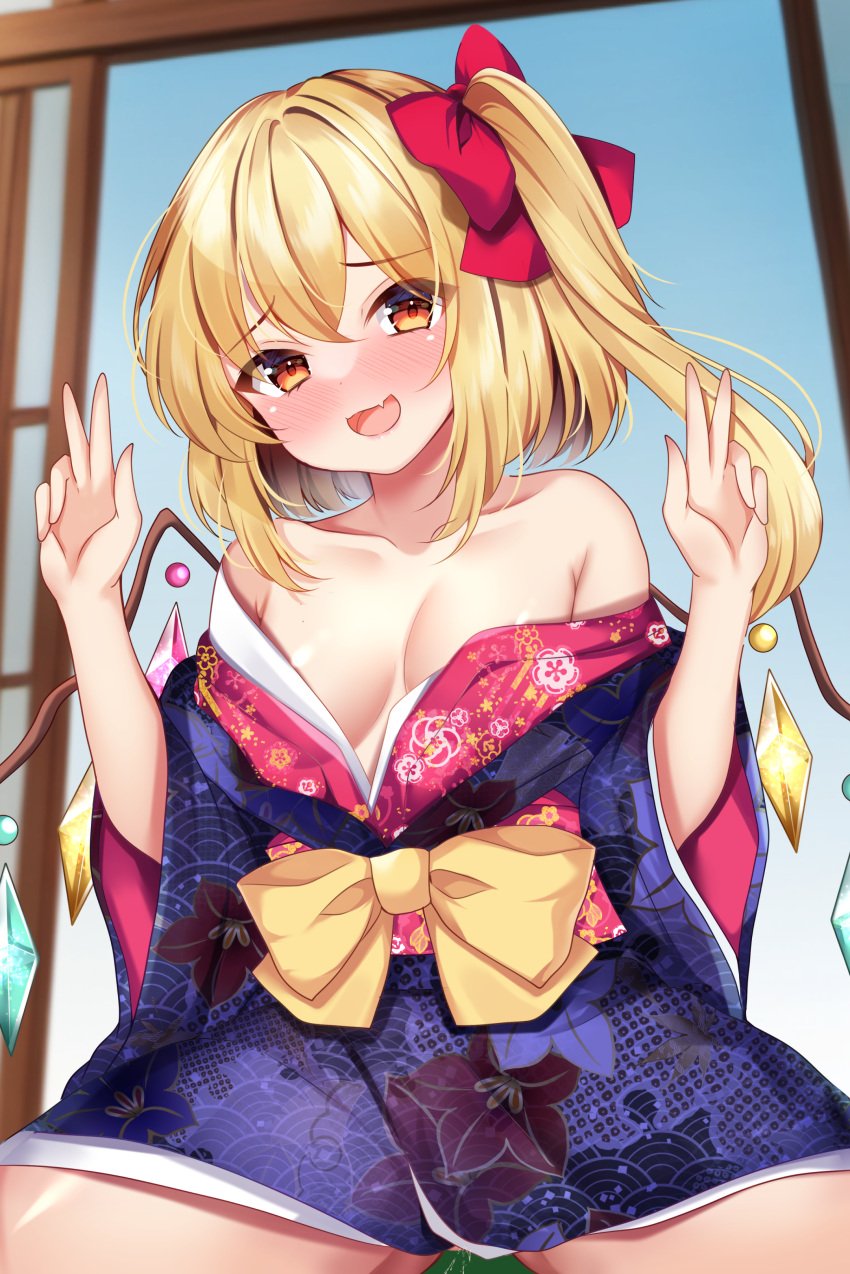 absurdres alternate_costume ass_visible_through_thighs bare_shoulders blonde_hair bow breasts breasts_apart collarbone commentary_request cowboy_shot crystal crystal_wings double_w female flandre_scarlet floral_print floral_print_kimono hairbow hands_up head_tilt highres indoors japanese_clothes kimono long_sleeves looking_at_viewer new_year obi oerba_yun_fang off_shoulder one_side_up orange_eyes paid_reward_available partial_commentary pussy_juice red_bow sash seigaiha shirotsuki_shirone short_kimono shouji skin_fang sky sliding_doors small_breasts smile solo spread_legs touhou two-sided_fabric w wide_sleeves wings yellow_bow