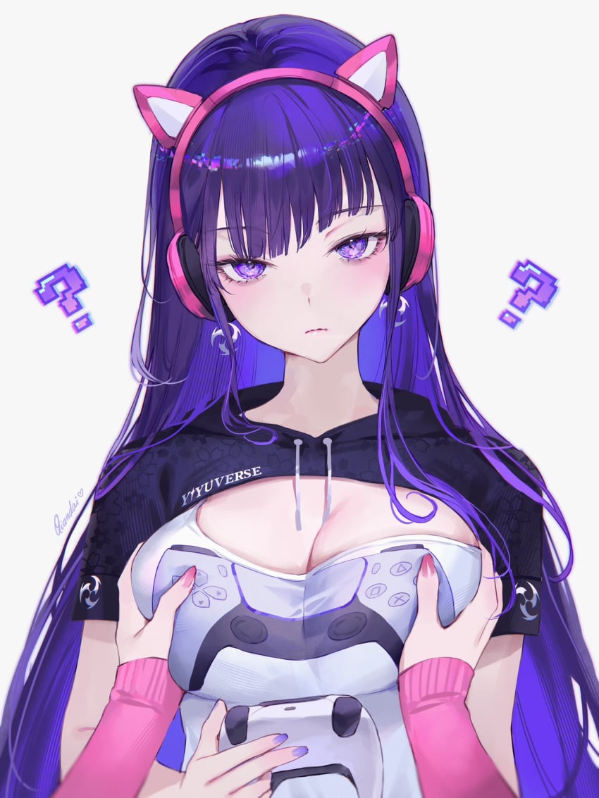 2d 2d_(artwork) bangs cat_ears cat_headphones confusion fondling fondling_breast genshin_impact large_breasts purple_eyes purple_hair qiandaiyiyu raiden_shogun touching_breast