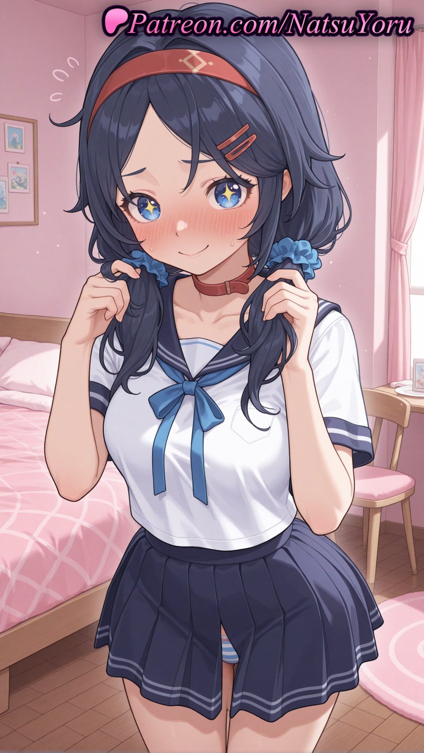 +_+ 1girls ai_generated anime anime_style bangs bed bedroom black_hair black_skirt blue_eyes blue_hair blue_panties blue_ribbon blue_skirt blush breasts bust busty chair choker closed_mouth clothing collar collarbone cowboy_shot crazy_mita_(miside) curtains female female_focus female_only flying_sweatdrops hair_ornament hair_over_shoulder hair_scrunchie hairband hairclip hands_up hentai hi_res high_quality high_resolution highres holding holding_hair indoors lips long_hair looking_at_viewer low_twintails medium_breasts miniskirt miside mita_(miside) natsuyoru neck_ribbon nose_blush panties pantsu pantyshot parted_bangs patreon pillow pleated_skirt red_hairband ribbon sailor_collar sailor_uniform school_uniform scrunchie serafuku shirt short_sleeves skirt smile solo solo_female standing star_(symbol) striped striped_clothes striped_panties sweat symbol-shaped_pupils table thigh_gap thighs twintails underwear voluptuous voluptuous_female white_shirt window