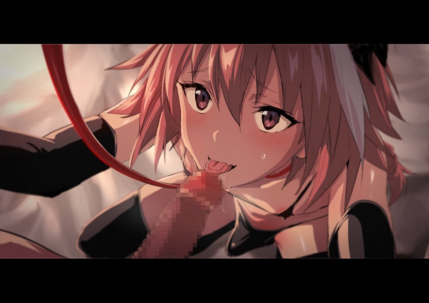 2boys absurdres areola_slip astolfo_(fate) bare_shoulders bikini black_bikini black_bow black_gloves black_thighhighs blush bow braid bulge censored collar collarbone dark_penis elbow_gloves erection erection_under_clothes fate/apocrypha fate_(series) fellatio gloves hair_between_eyes hair_intakes highres leash letterboxed licking licking_penis long_braid long_hair looking_at_viewer male_focus micro_bikini mosaic_censoring multicolored_hair multiple_boys oerba_yun_fang open_mouth oral otoko_no_ko penis pink_hair purple_eyes single_braid skin_fang solo_focus squatting streaked_hair swimsuit thighhighs tongue tongue_out ulrich_(tagaragakuin) viewer_holding_leash yaoi