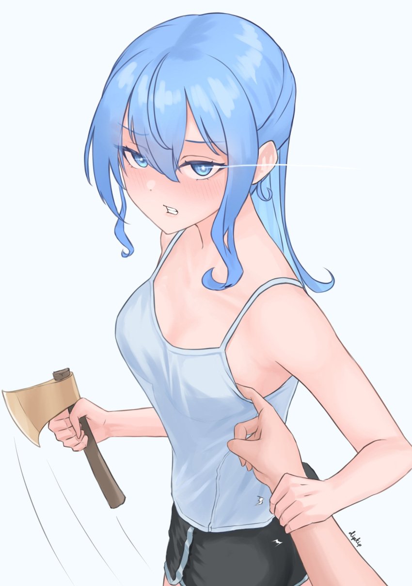 1girls angry axe blue_eyes blue_hair breasts diptip hololive hololive_japan hoshimachi_suisei imminent_death looking_at_viewer poking_breasts pov shorts tank_top virtual_youtuber weapon wrist_grab