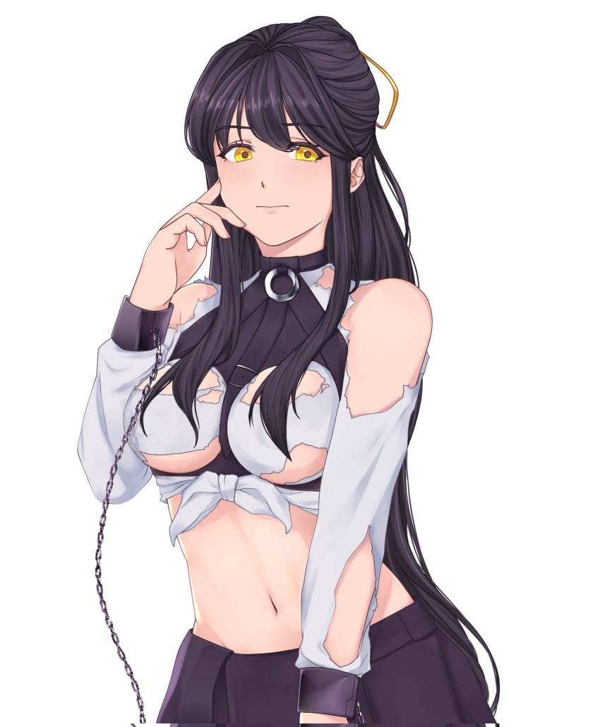 aikawa_shuuko black_hair blush breasts chains ecstas_online golden_eyes ponytail shy slave slave_collar slave_outfit slavegirl torn_clothes