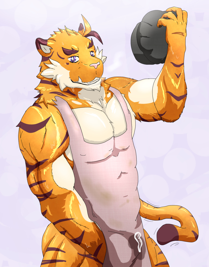 anthro apron audiophilliac barazoku clothing feline leaking male male_only mammal muscular sweat tiger