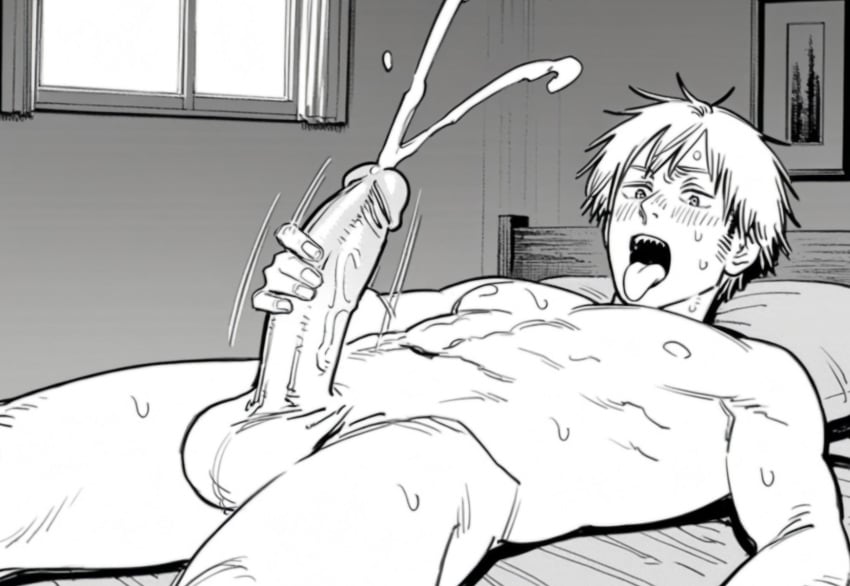 ai_generated balls bara blush chainsaw_man cum denji_(chainsaw_man) ejaculation gay lying lying_on_back male male_only masturbation muscular open_mouth penis sharp_teeth sideburns sweat tongue yaoi yoichisai