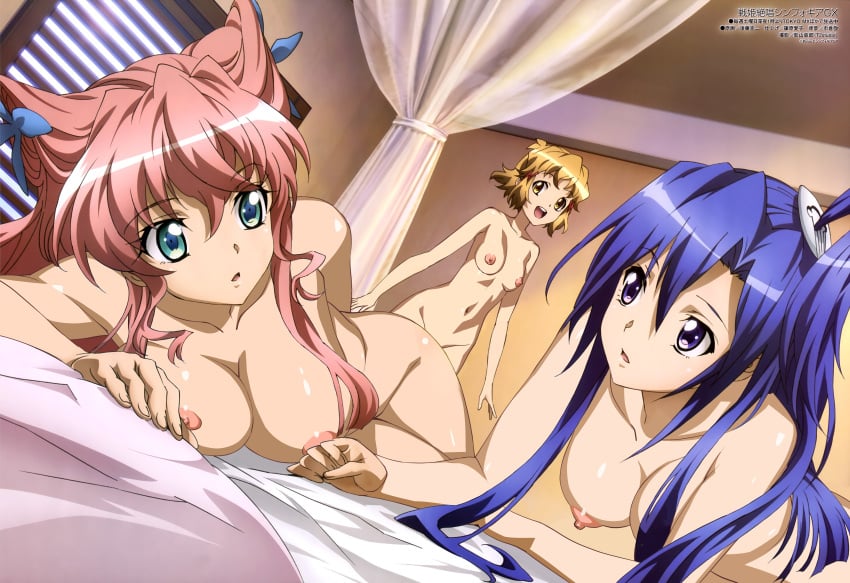 3girls blonde_hair blue_eyes blue_hair blush breasts brown_eyes female female_only kazanari_tsubasa large_breasts multiple_girls navel nipples nude pink_hair senki_zesshou_symphogear tachibana_hibiki_(symphogear)