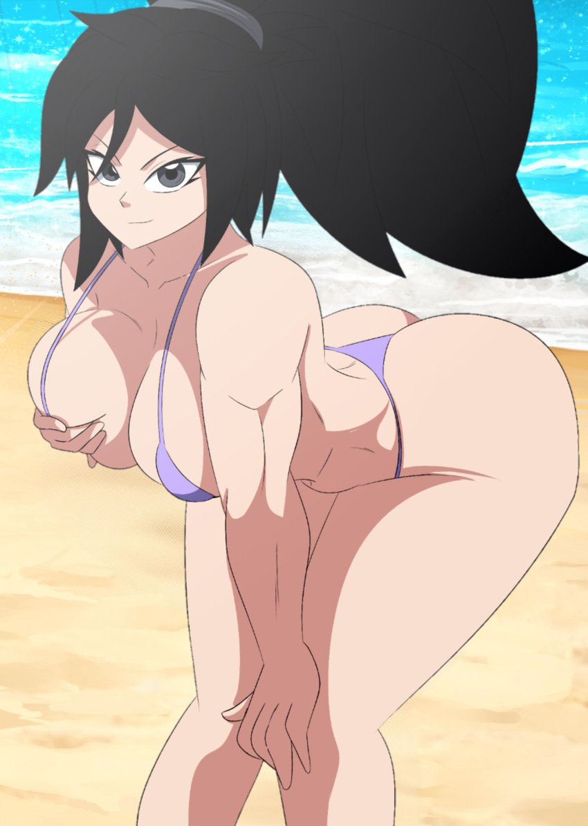 ass ass beach beach_background big_ass big_breasts big_breasts big_butt bikini black_eyes black_hair breast_grab breasts breasts commission dragon_ball dragon_ball_super dragon_ball_xenoverse dragon_ball_z female female_focus female_only female_saiyan full_color girl hand_on_breast long_hair micro_bikini original_character ponytail purple_bikini serena_(dragon_ball) thick_thighs